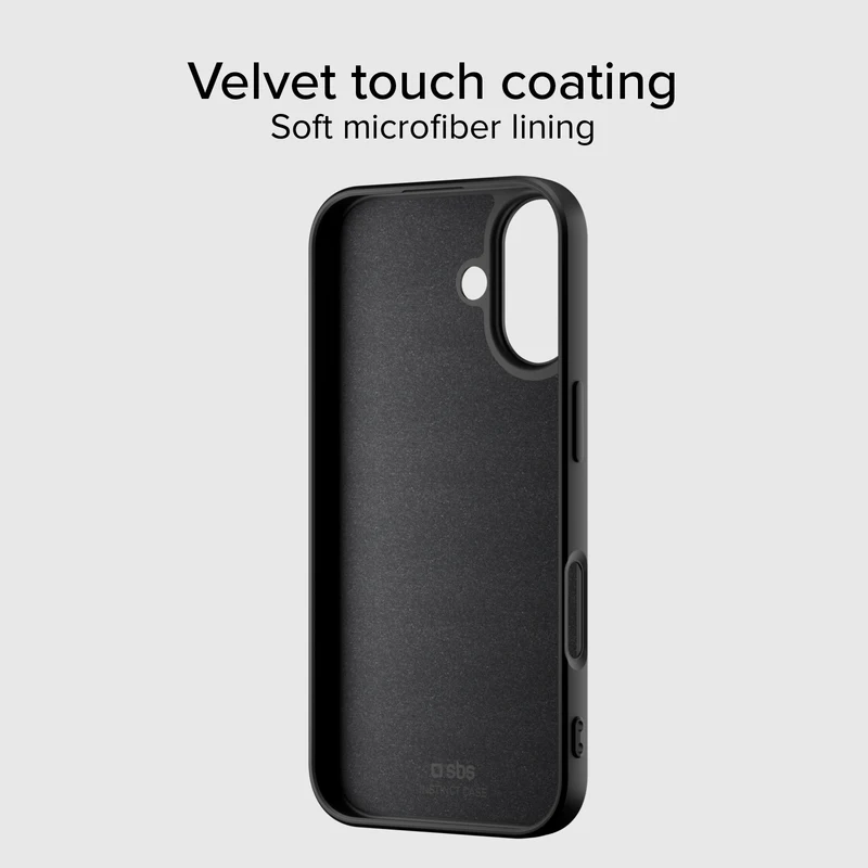 Eine schwarze Handyhülle mit samtiger Beschichtung und Mikrofaserfutter. Der Text oben lautet 'Velvet touch coating' und 'Soft Microfiber lining'.