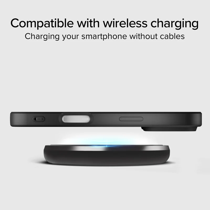 Eine schwarze Telefonhülle schwebt über einem kabellosen Ladegerät. Der Text oben lautet: "Kompatibel mit kabellosem Laden".