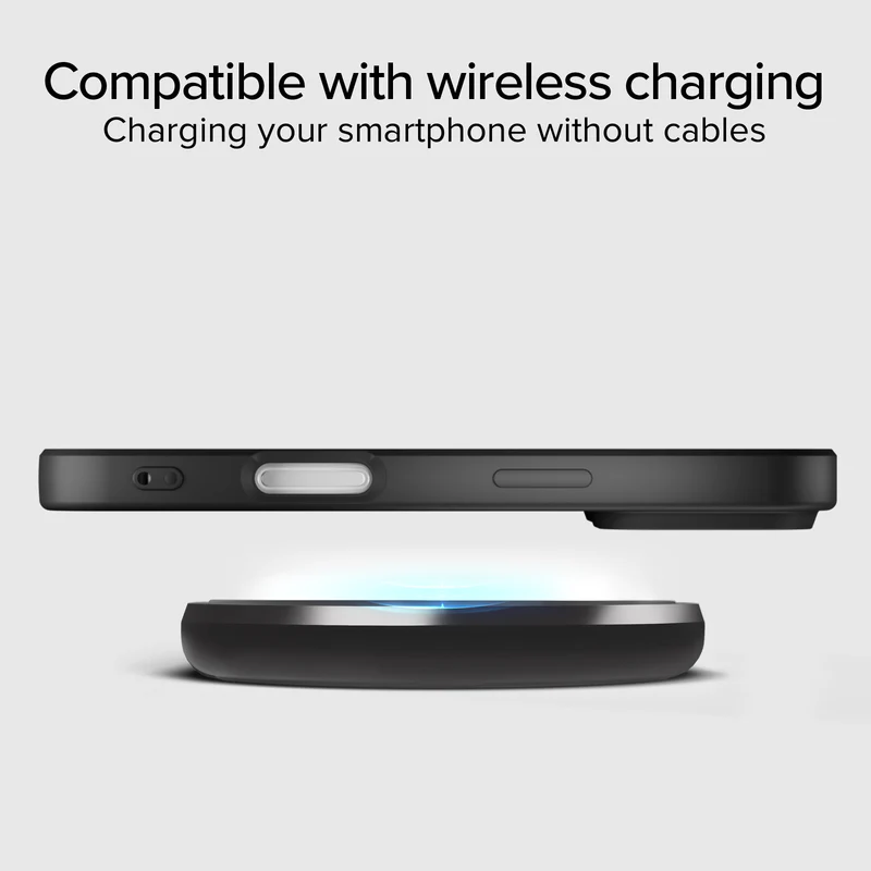 Ein schwarzes Smartphone liegt über einem kabellosen Ladegerät. Oben steht "Kompatibel mit kabellosem Laden".