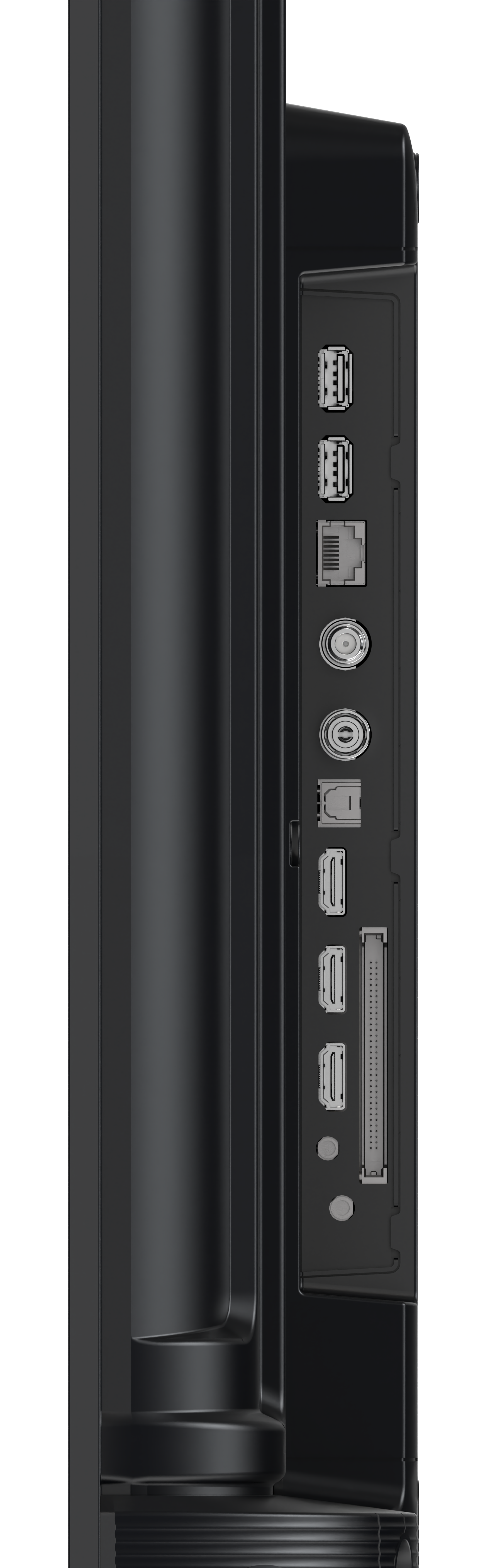 Widok z boku czarnego urządzenia z różnymi portami. Porty obejmują USB, Ethernet i inne.
