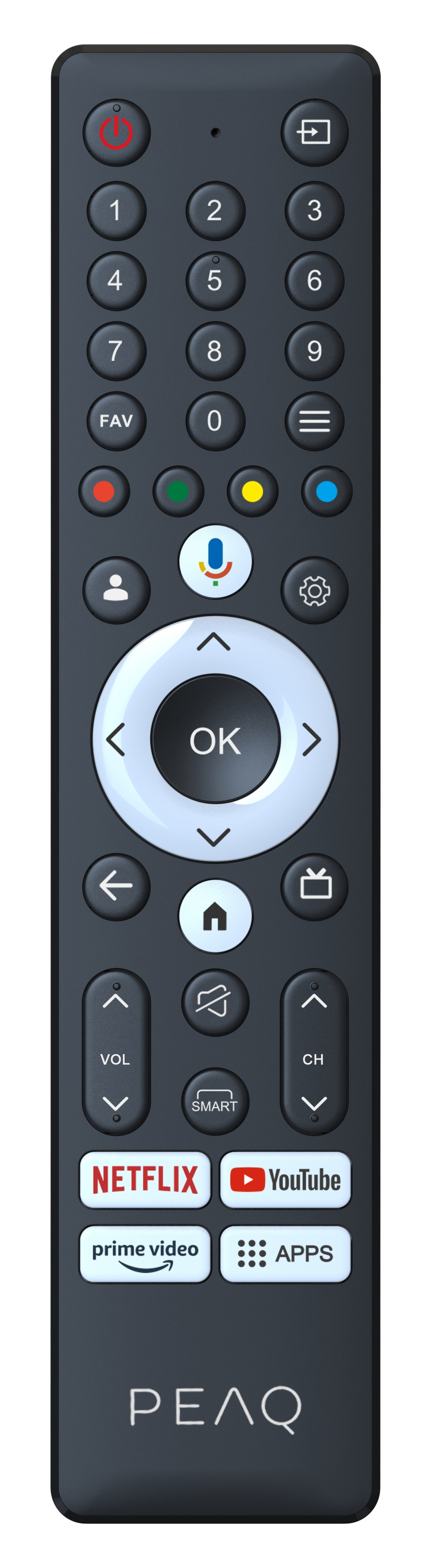 Czarny pilot PEAQ z przyciskami do numerów, głośności, kanałów, Netflix, YouTube, Prime Video i Aplikacji.