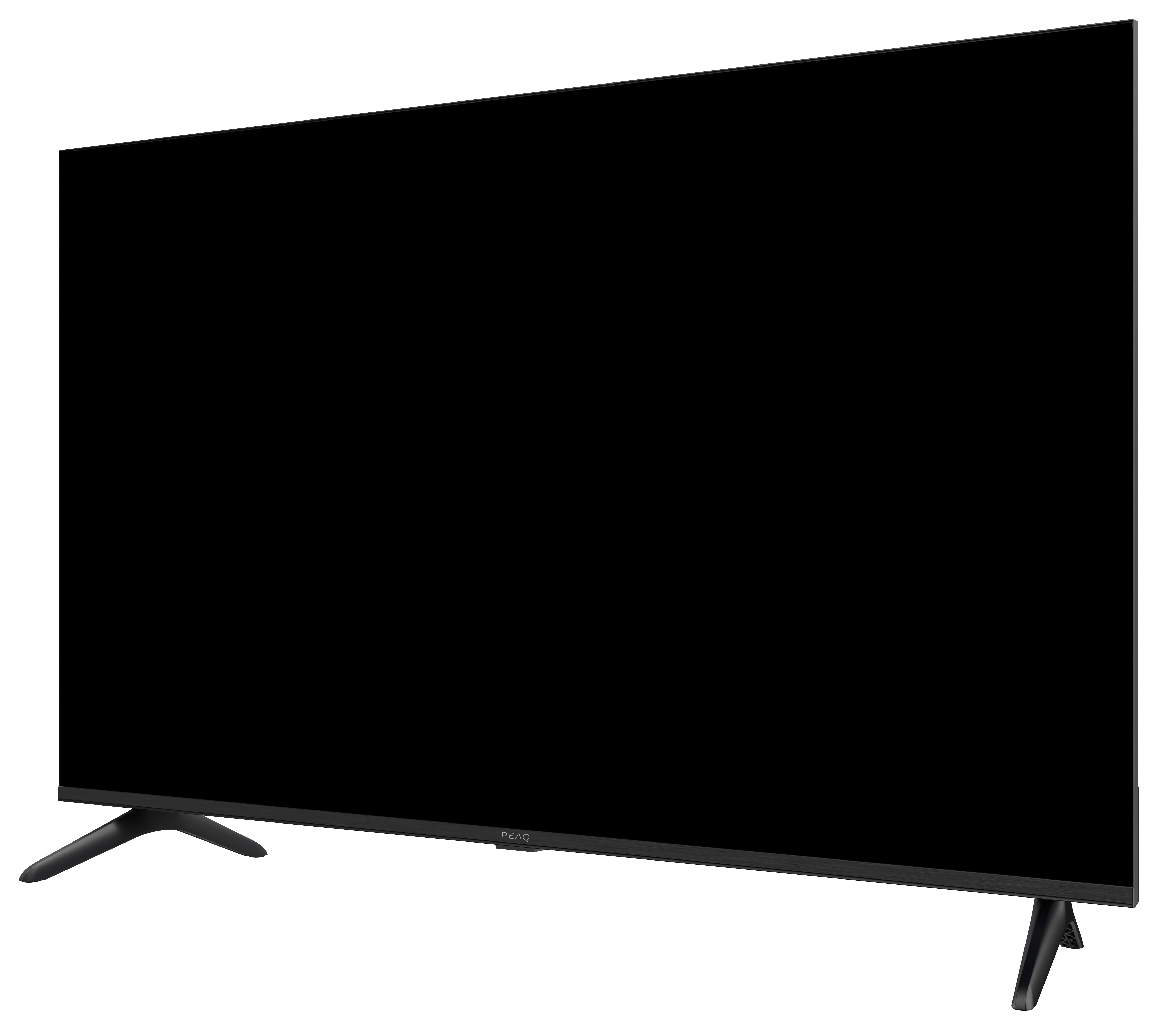 Czarny telewizor z płaskim ekranem pochylony w lewo, z czarnymi nogami i czarnym tłem. Marka to PEAQ.