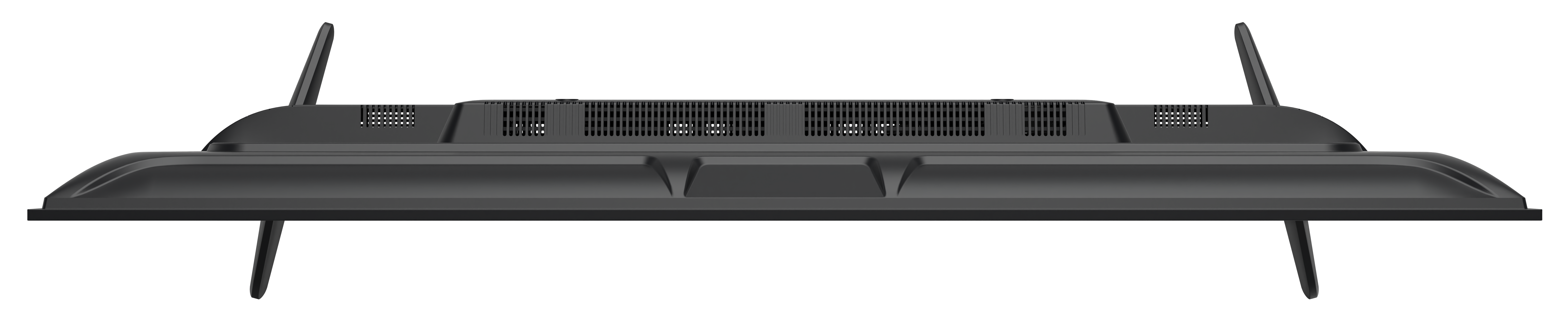 Część telewizora w kolorze ciemnoszarym, z otworami wentylacyjnymi, antenami i wspornikami na czarnym tle. Design jest elegancki.