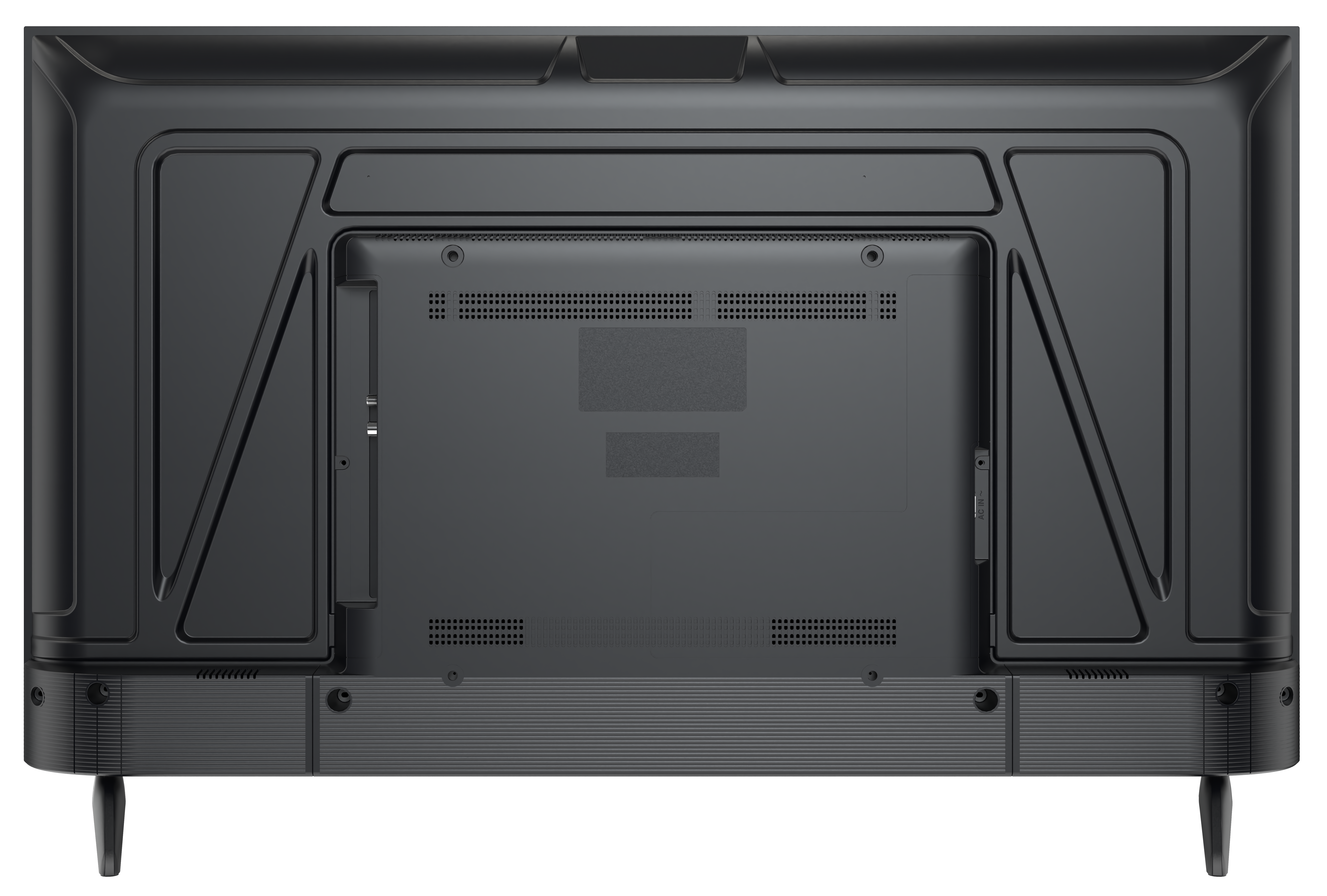 Widok z tyłu czarnego telewizora. Zawiera otwory wentylacyjne, centralny panel i dwie nóżki. Powierzchnia jest matowa.