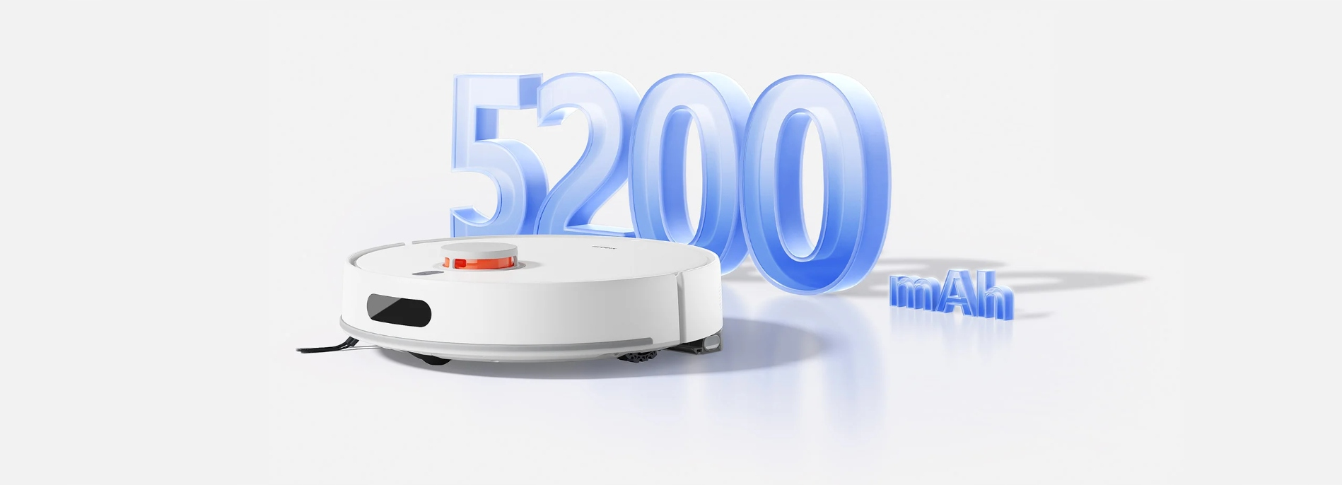 Biały odkurzacz automatyczny jest wyświetlany z liczbami 5200 i literami mAh w kolorze niebieskim.