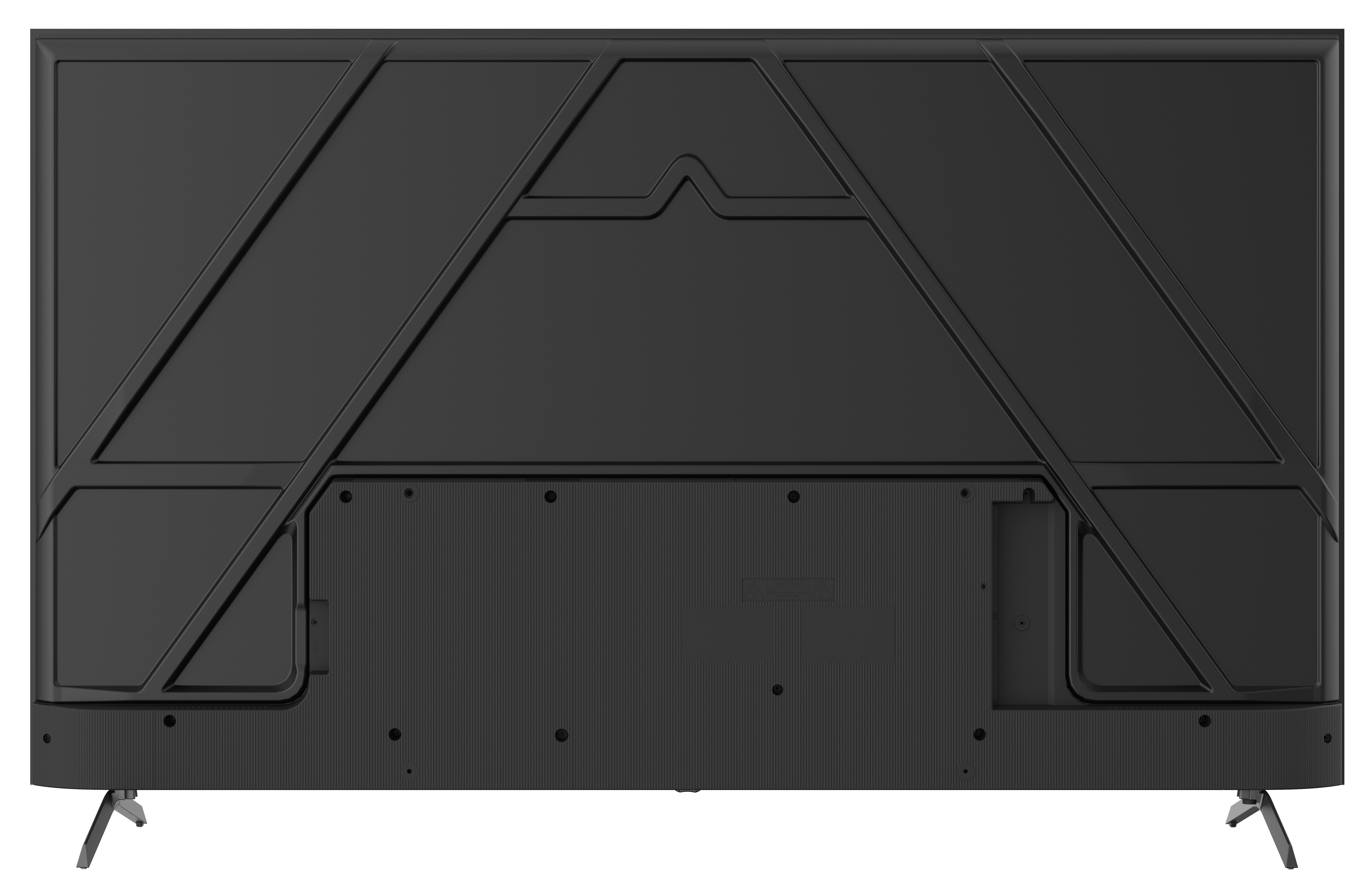 Tył czarnego telewizora z geometrycznymi wzorami, portami i dwiema kątowymi nogami. Powierzchnia jest teksturowana.