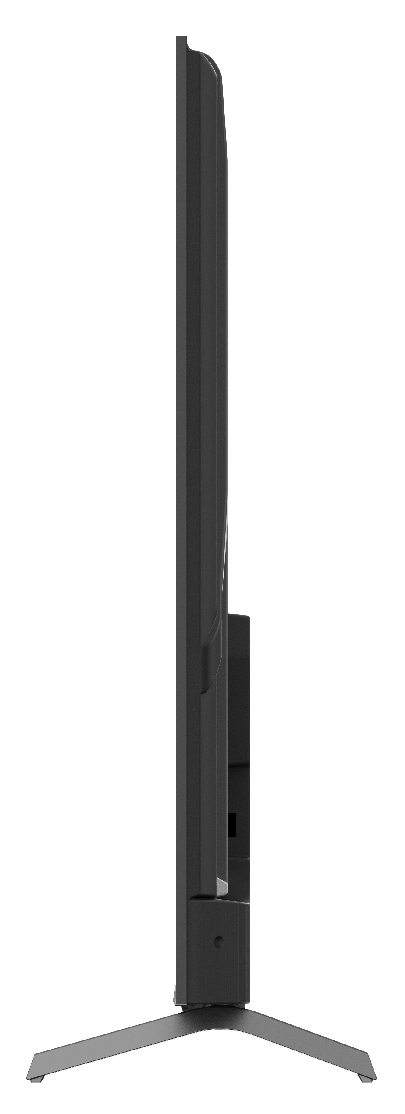 Czarny telewizor widziany z boku. Ma podstawę i jest na białym tle.