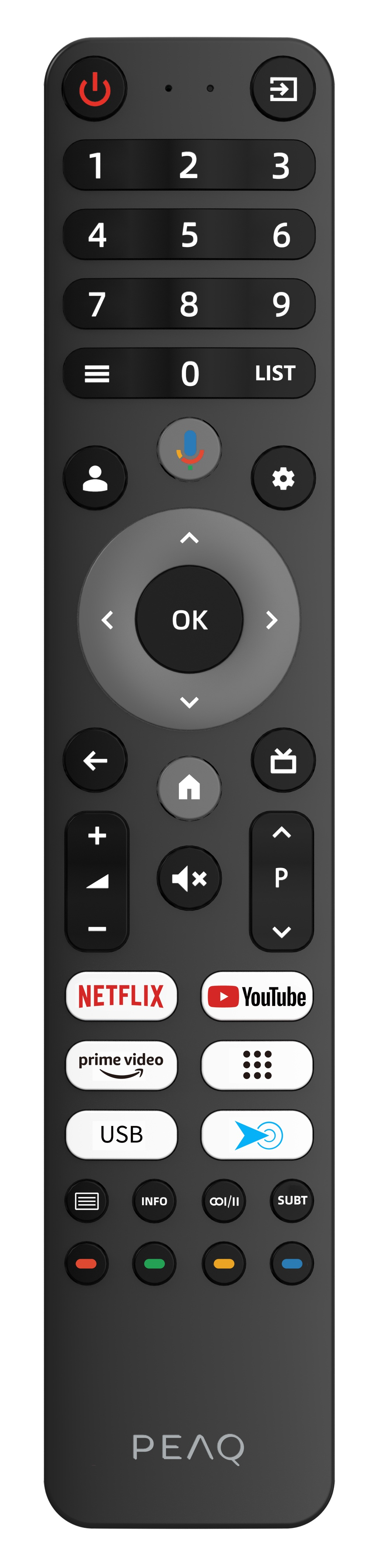 Czarny pilot z wieloma przyciskami. Posiada numery, nawigację i przyciski skrótów do aplikacji, takich jak Netflix i YouTube.