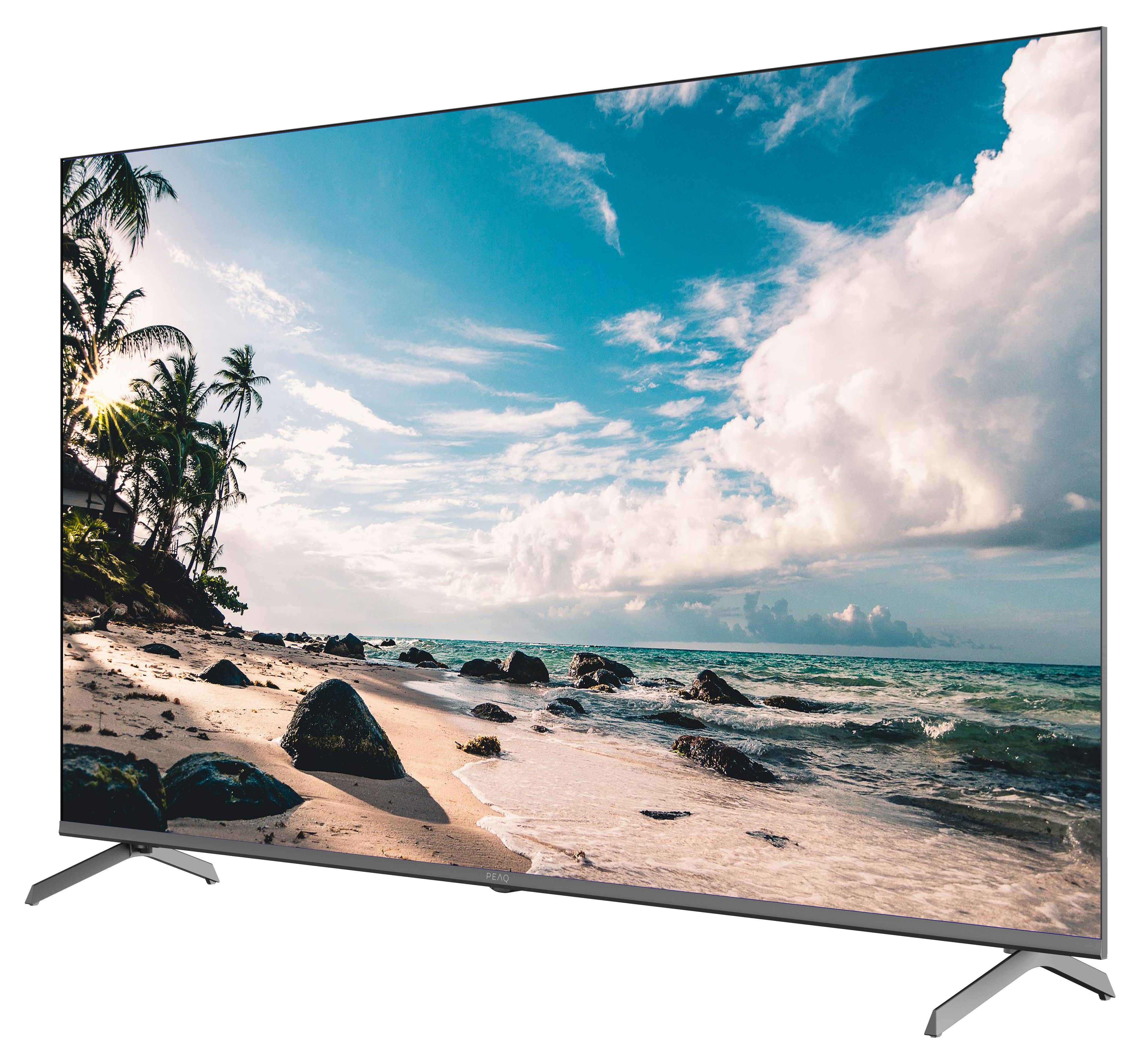 Ekran telewizora wyświetla scenę na plaży z palmami, skałami, piaskiem i oceanem pod zachmurzonym niebem.