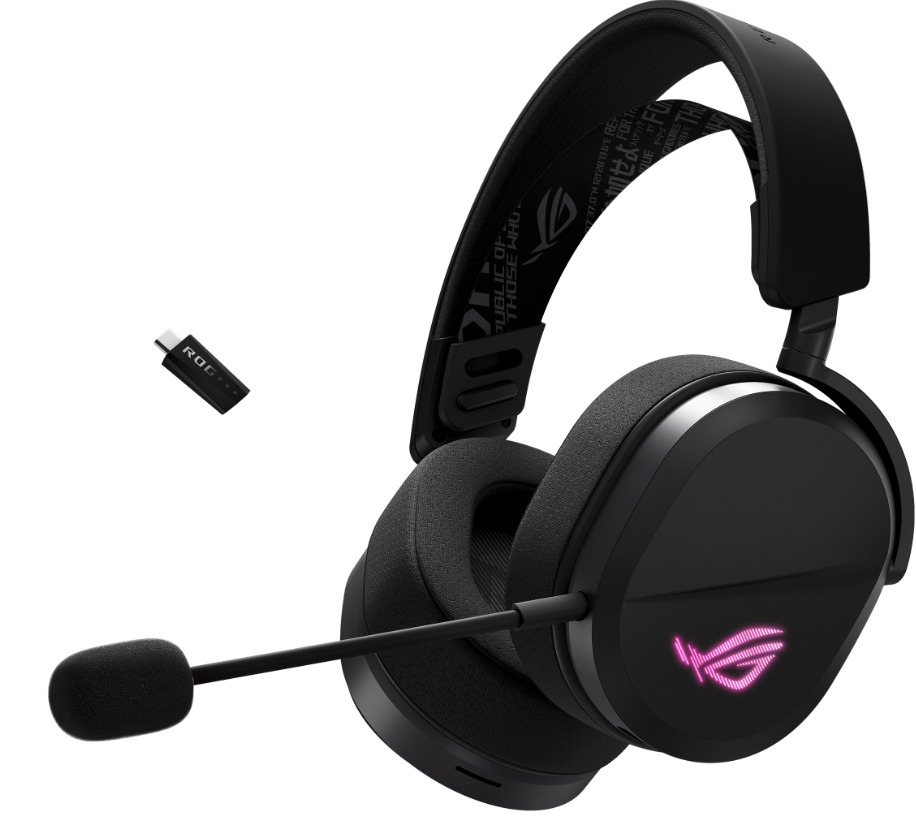 Cuffie da gioco nere con microfono e piccolo dongle USB. Le cuffie hanno un logo ROG e una fascia imbottita.