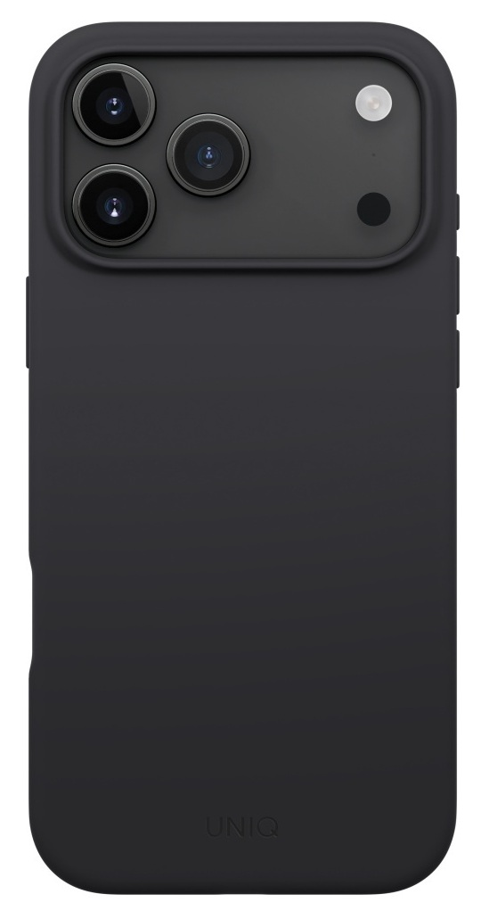 Czarny futerał na telefon z trzema obiektywami aparatu i lampą błyskową. Futerał ma logo UNIQ na dole.