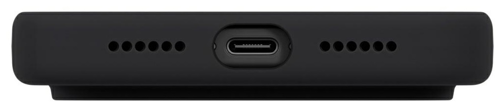 Czarne urządzenie z portem USB-C pośrodku, otoczone rzędami małych otworów po obu stronach. Urządzenie ma zaokrąglony kształt.