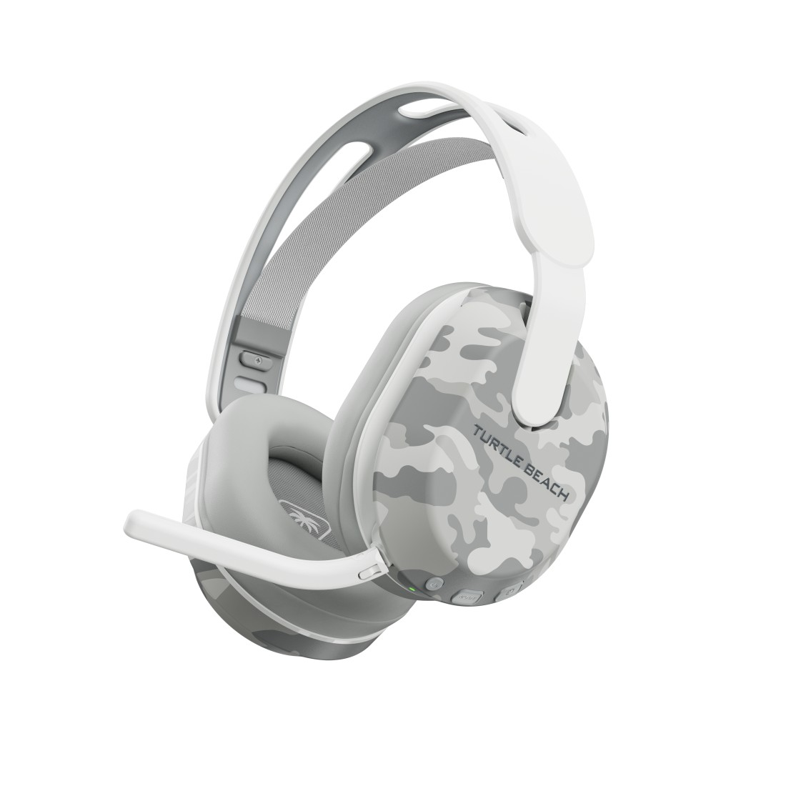 Ein weiß-graues Turtle Beach Gaming-Headset. Die Ohrmuscheln haben ein Tarnmuster. Ein Mikrofon erstreckt sich von der linken Ohrmuschel.