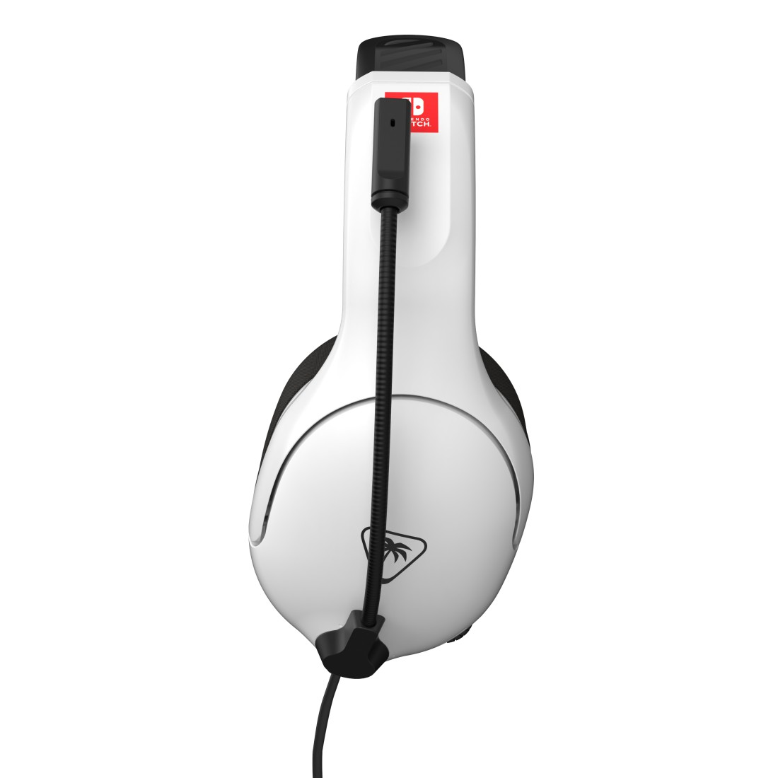 Ein weißes Gaming-Headset mit schwarzen Akzenten und Kabel. Ein rotes Nintendo Switch-Logo ist sichtbar.
