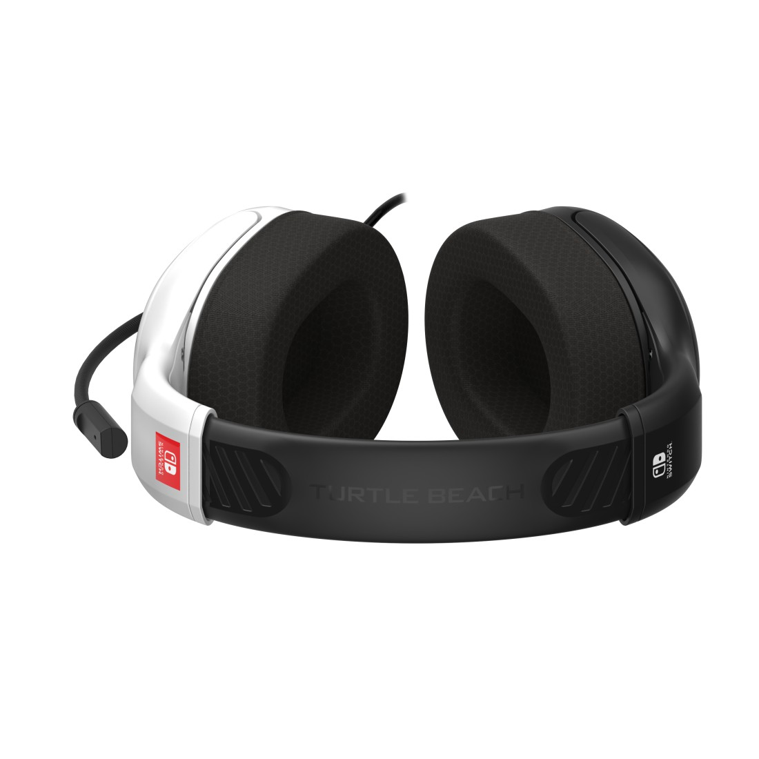 Ein Gaming-Headset für Nintendo Switch. Weißes und schwarzes Headset mit Turtle Beach-Logo. Es hat ein Mikrofon.