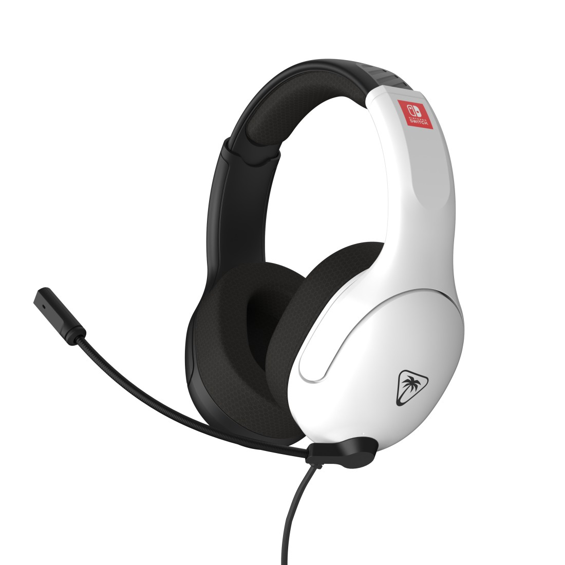 Weißes und schwarzes Gaming-Headset mit Mikrofon. Ein Nintendo Switch-Logo ist sichtbar. Das Headset hat ein schwarzes Kabel.