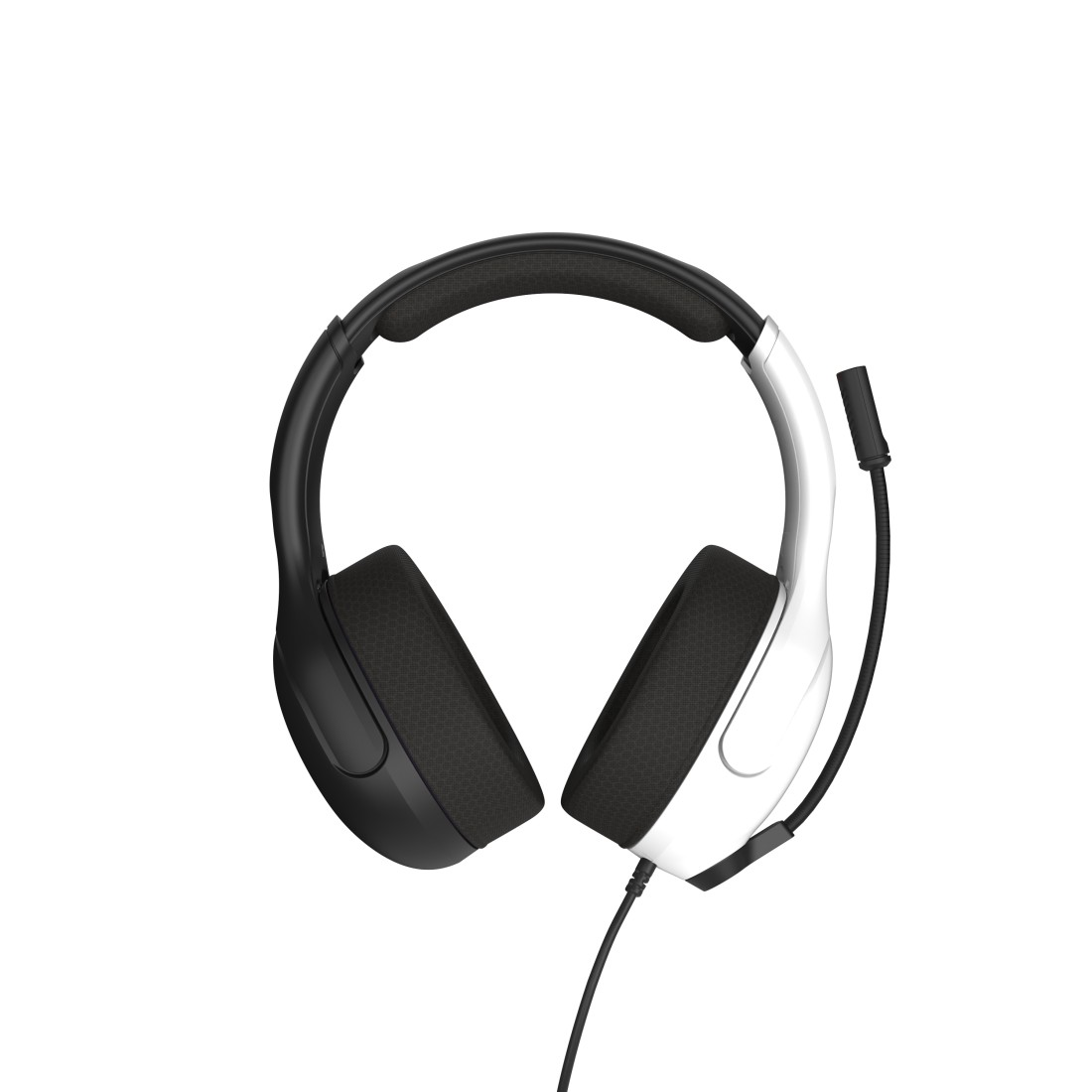 Ein weißes und schwarzes Headset mit Mikrofon vor weißem Hintergrund. Die Ohrmuscheln sind schwarz mit Mesh, der Kopfbügel ist auch schwarz.