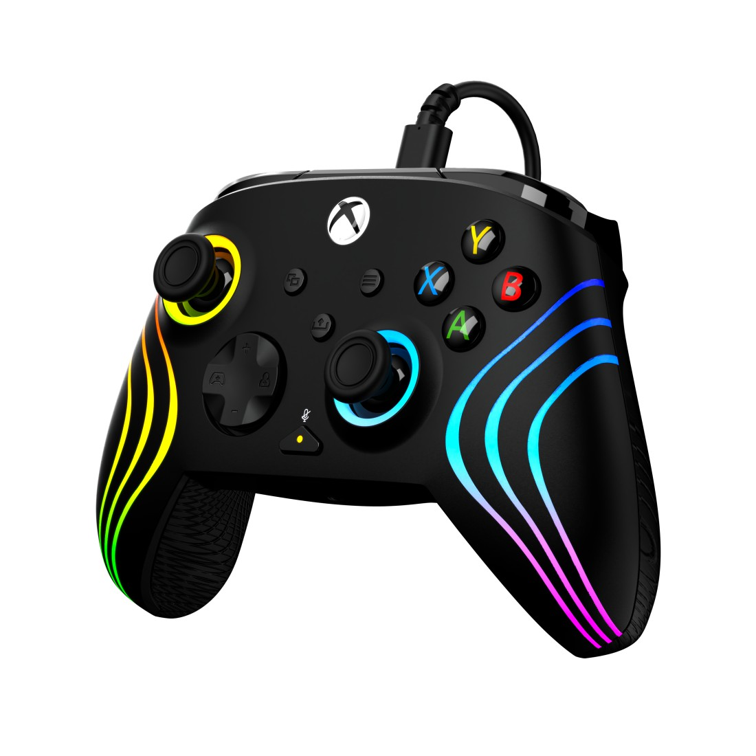 Schwarzer Xbox-Controller mit bunten LED-Leuchten. Er hat Tasten, Joysticks und ein Kabel. Der Hintergrund ist weiß.