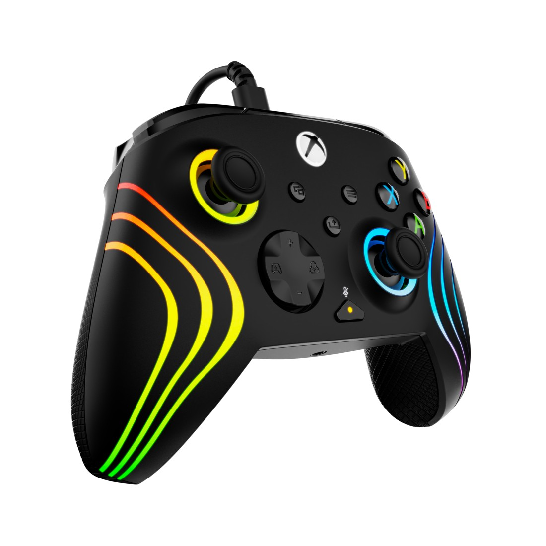 Schwarzer Xbox-Controller mit Regenbogenlichtern. Verfügt über Knöpfe, Joysticks und ein Kabel. Xbox-Logo ist sichtbar. Isoliert auf weißem Hintergrund.