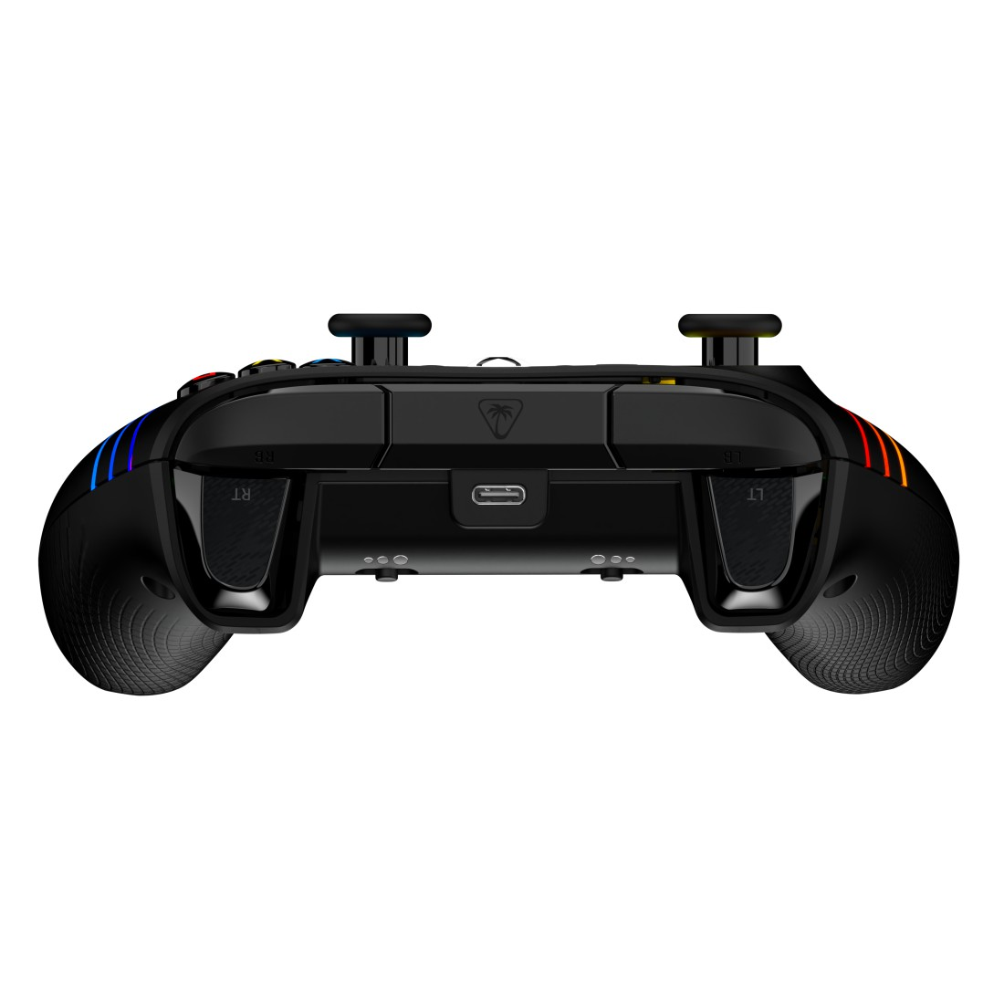 Schwarzer Gamecontroller mit farbigen Lichtern an den Seiten. Tasten, Trigger und ein USB-Anschluss sind sichtbar. Isoliert auf weißem Hintergrund.