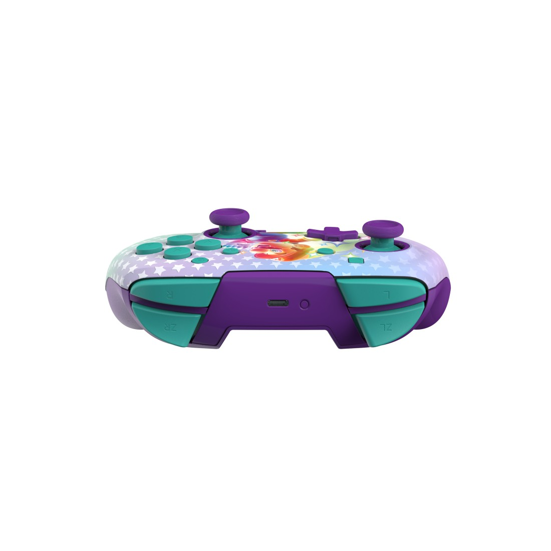 Ein Nintendo Switch Controller mit lila und türkis Design, Sternmuster und einem Bild einer Cartoonfigur in der Mitte.