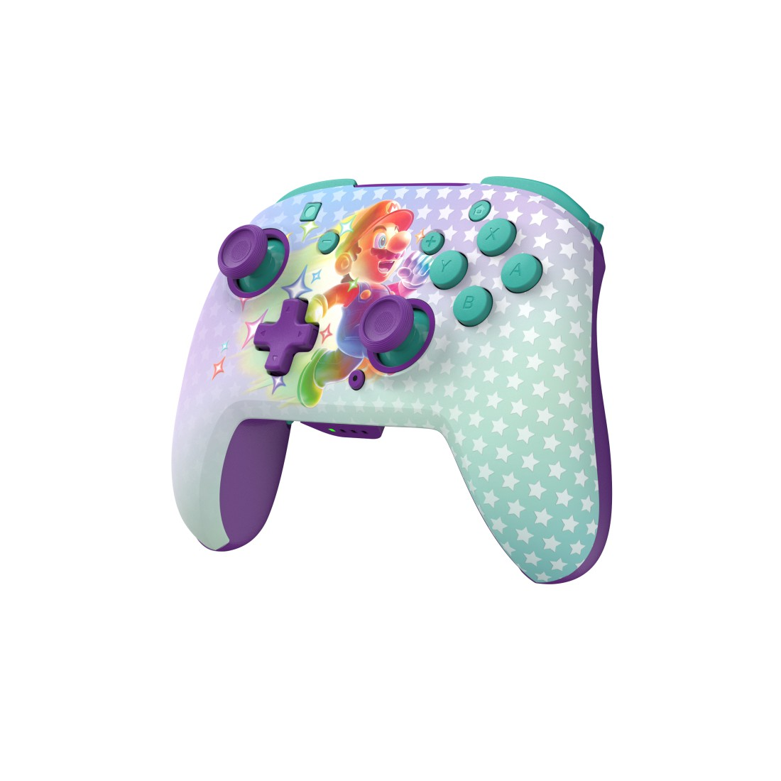 Ein Nintendo Switch Controller mit Mario-Design. Er hat lila, grüne und weiße Farben. Mario ist auf dem Controller dargestellt.