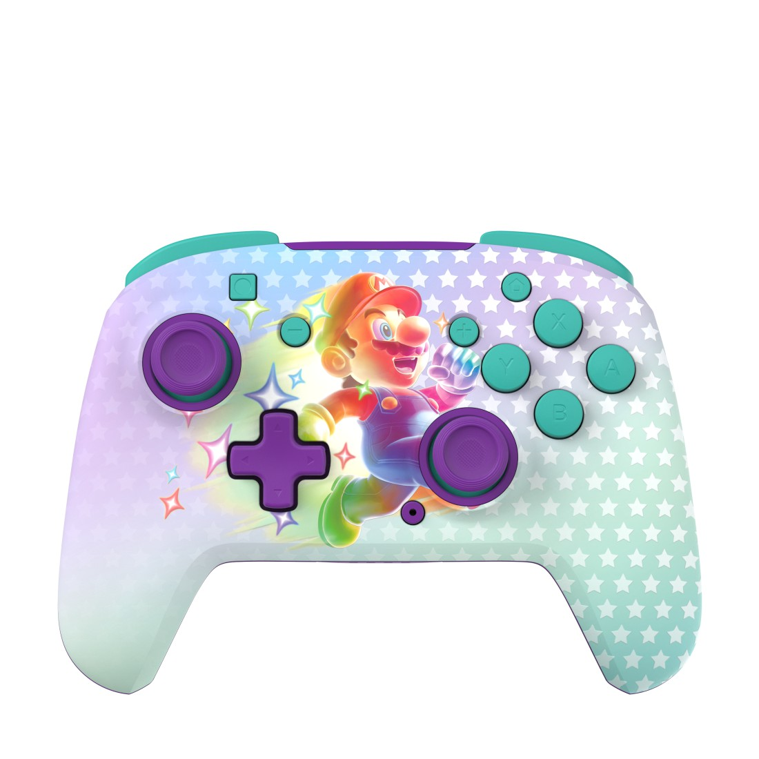 Nintendo Switch Pro Controller mit Mario-Design. Mit Mario-Illustration, lila Knöpfen und Sternenmuster auf einem Farbverlauf.