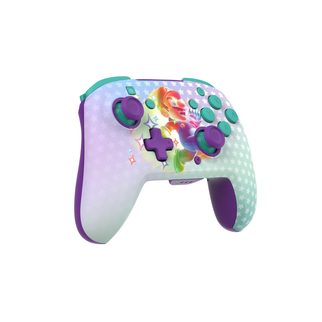 Ein lila und türkis Nintendo Switch Pro Controller mit Mario-Design. Es hat ein Sternmuster und verschiedene Tasten.