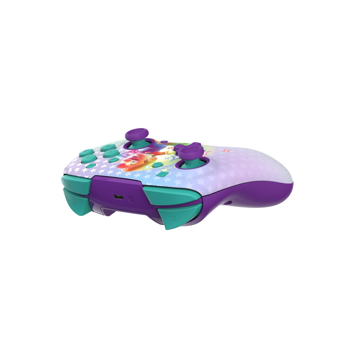 Ein lila-türkisfarbener Nintendo Switch-Controller mit einem Zeichentrickdesign mit Sternen und Figuren. Er hat violette Joysticks.