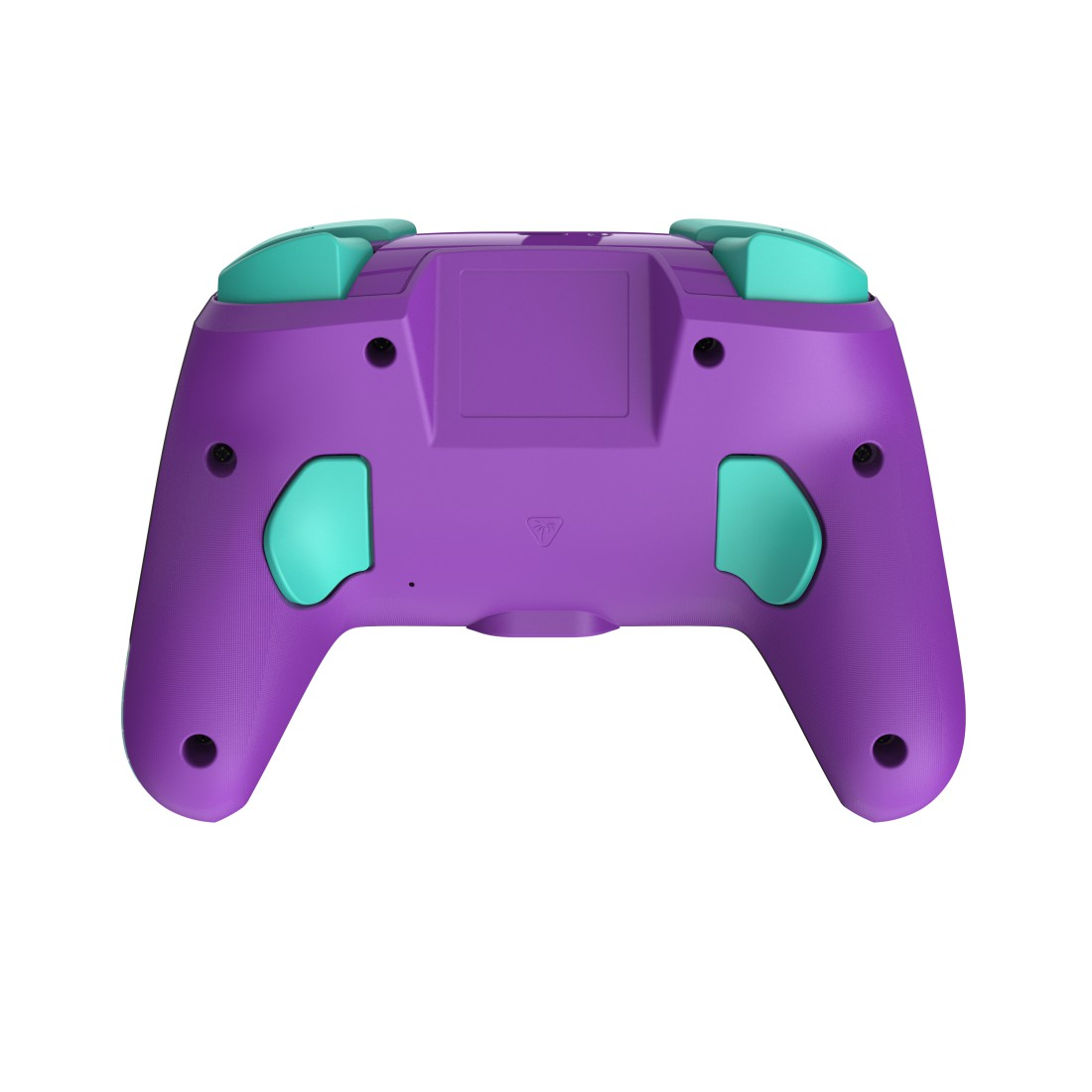 Ein lila Gamecontroller mit türkisfarbenen Akzenten, einschließlich Auslösern und Tasten. Der Controller wird von hinten vor weißem Hintergrund betrachtet.