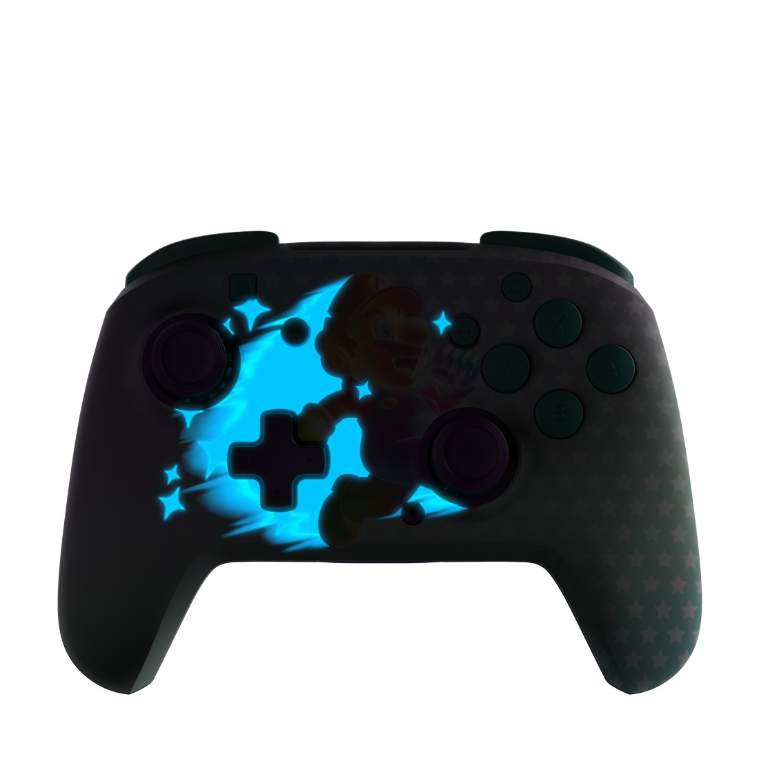 Ein Nintendo Switch Pro Controller mit Mario. Er hat ein Sternmuster und ein blau leuchtendes Design mit Mario in Aktion.