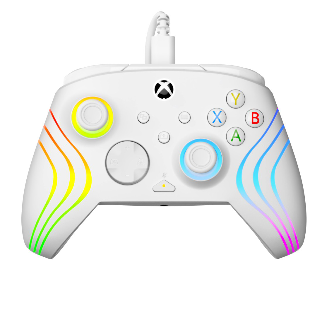Weißer Xbox-Controller mit Regenbogenlichtern an den Seiten. Knöpfe sind bunt. Angeschlossenes weißes Kabel.