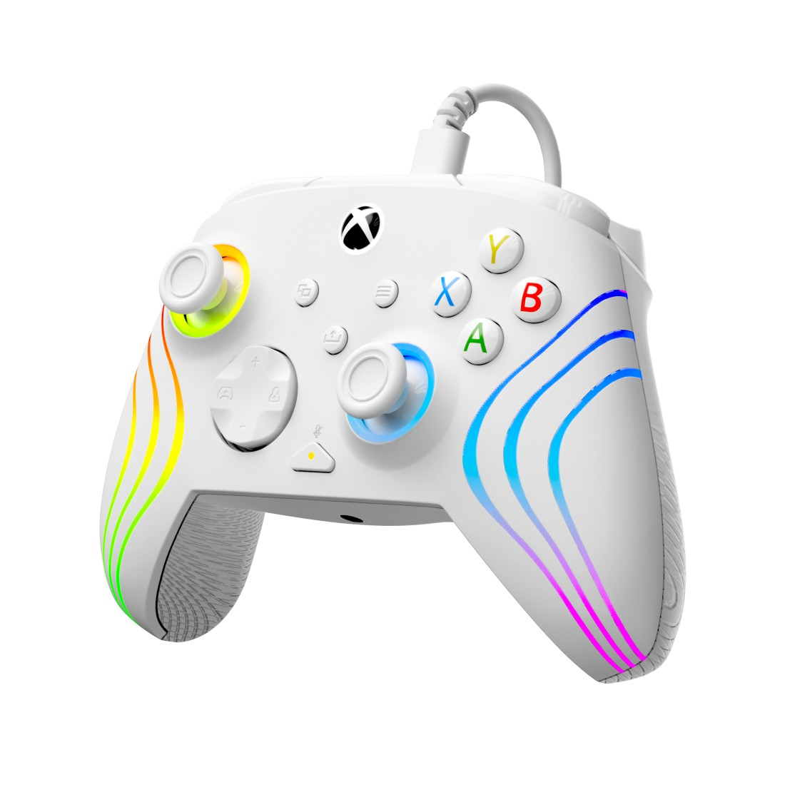 Weißer Xbox-Controller mit Regenbogen- und blau/violetten Akzenten. Er hat Knöpfe, Joysticks und ein Kabel.