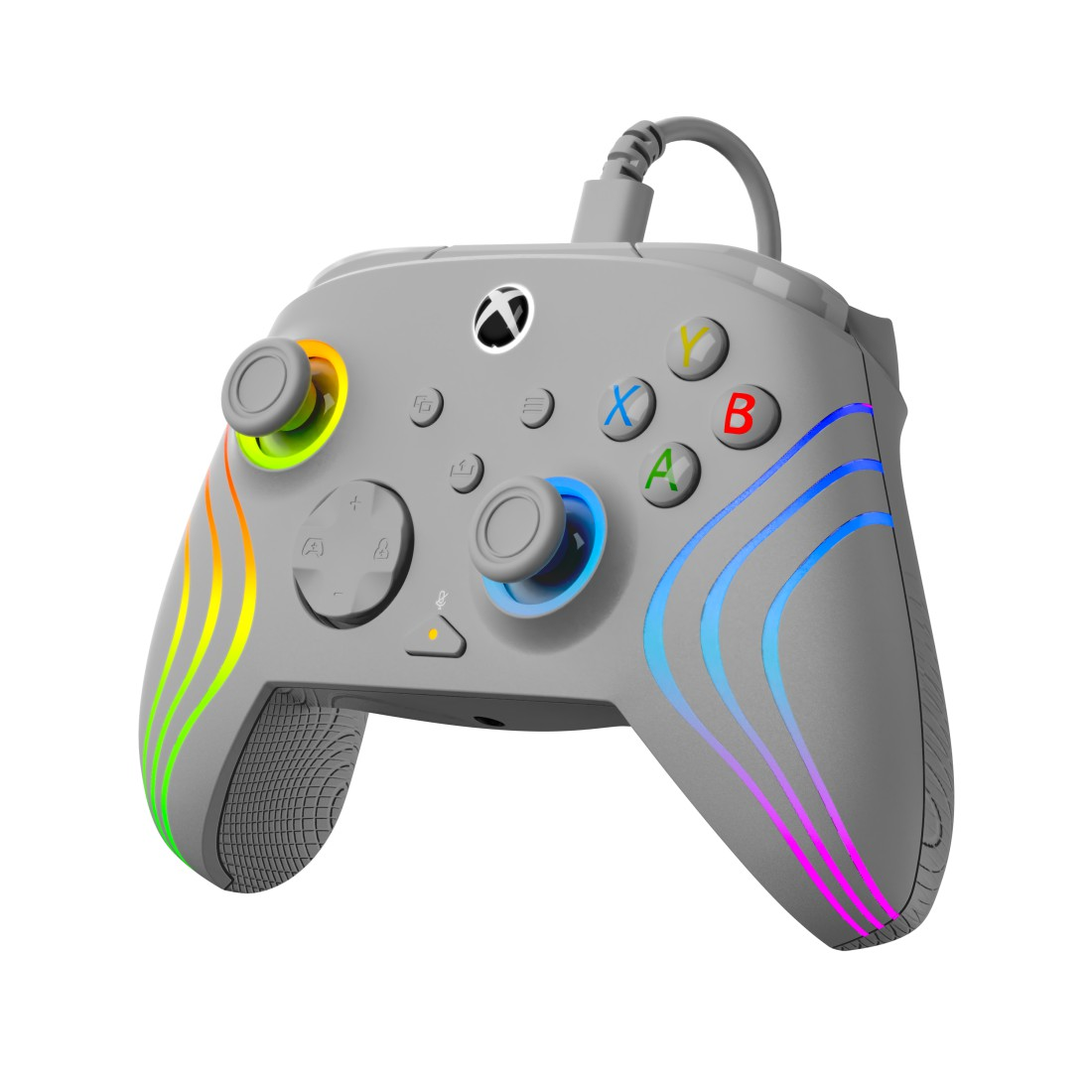 Grauer Xbox-Controller mit Regenbogen- und blauen Lichtern. Die Tasten sind farbenfroh. Er hat einen Kabelanschluss.