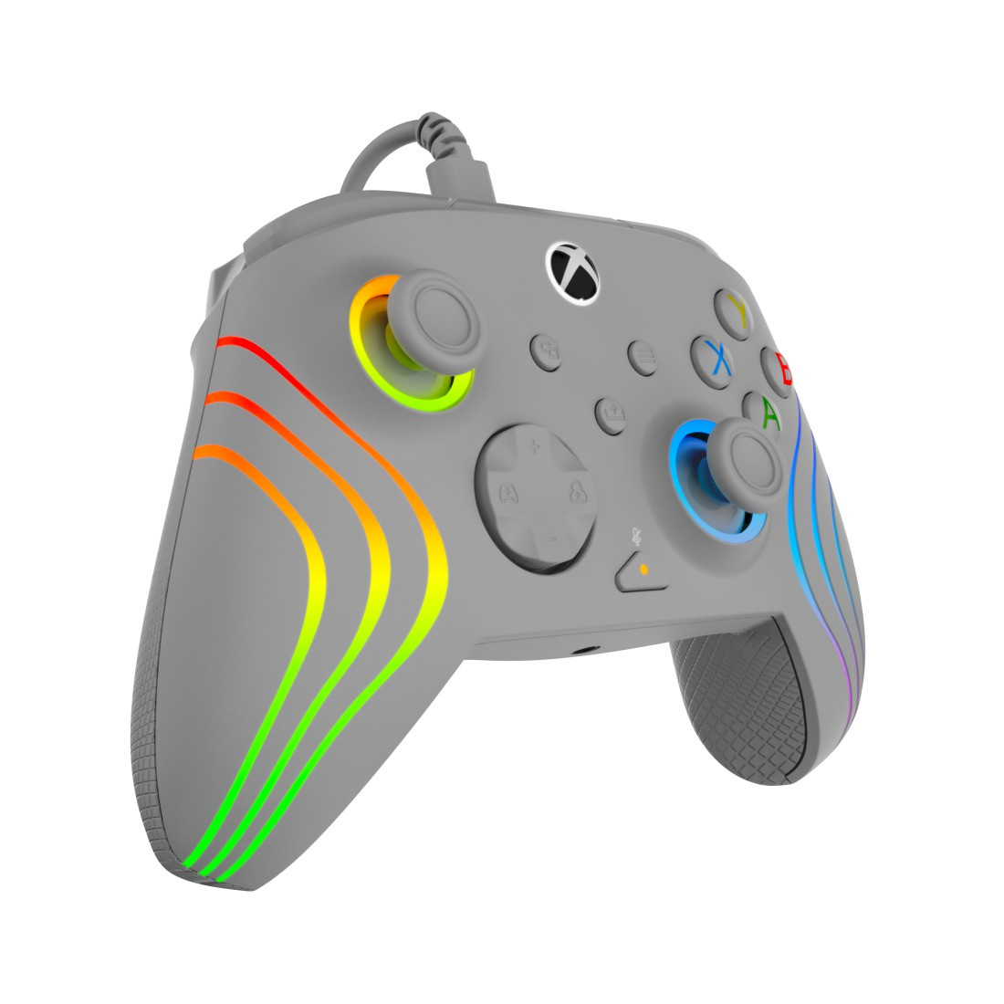 Ein grauer Xbox-Controller mit regenbogenfarbenen Streifen und beleuchteten Joysticks und Tasten, mit einem Kabel oben.
