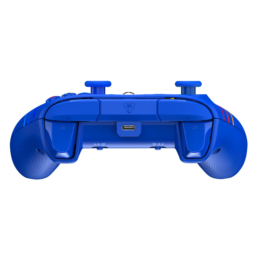 Blauer Gaming-Controller, von hinten gesehen. Mit Knöpfen, Triggern und einem USB-C-Anschluss. Weißer Hintergrund. Palmenlogo.