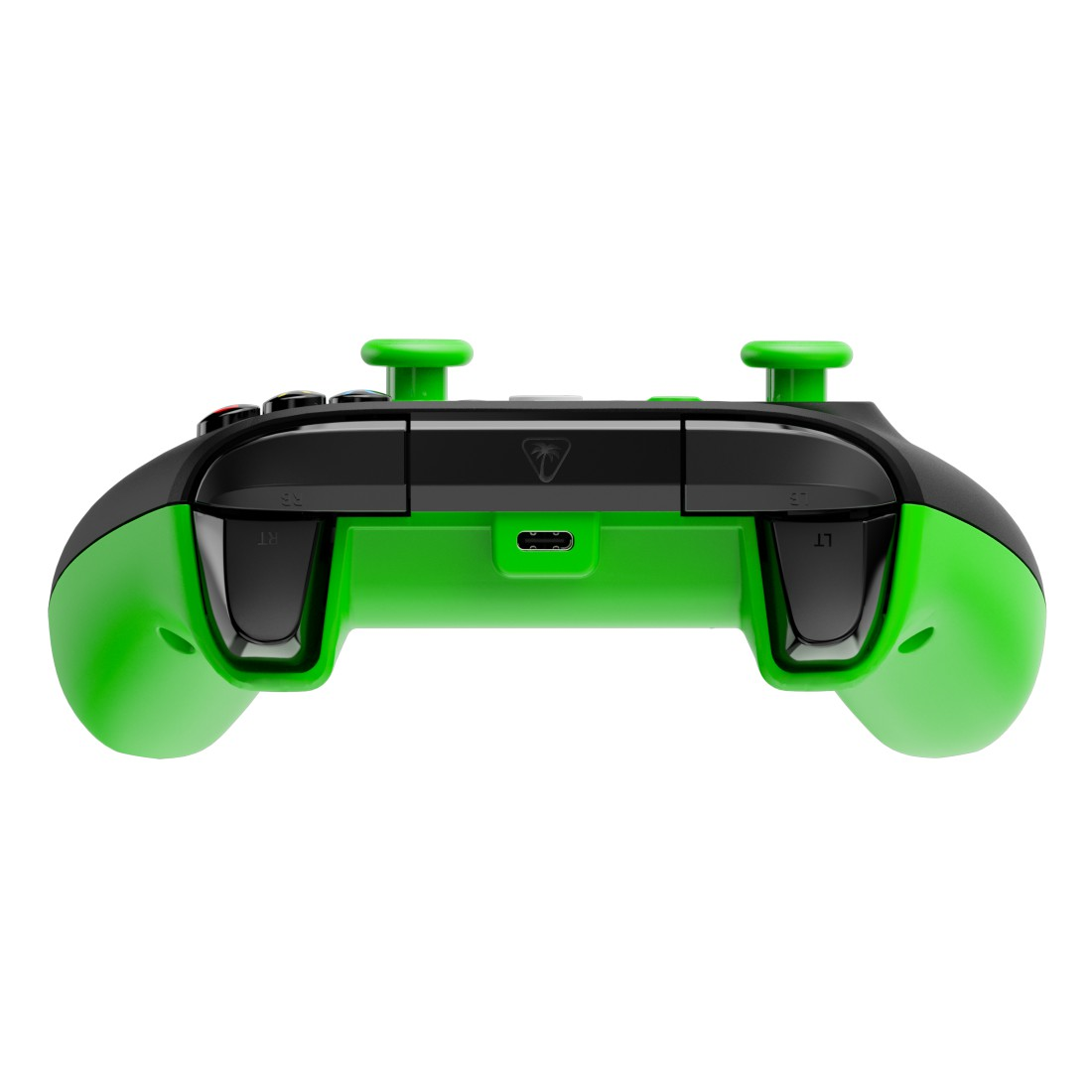 Ein grün-schwarzes Gamepad wird gezeigt, mit grünen Joysticks und Auslösern. Die Ansicht ist von hinten, auf weißem Hintergrund.