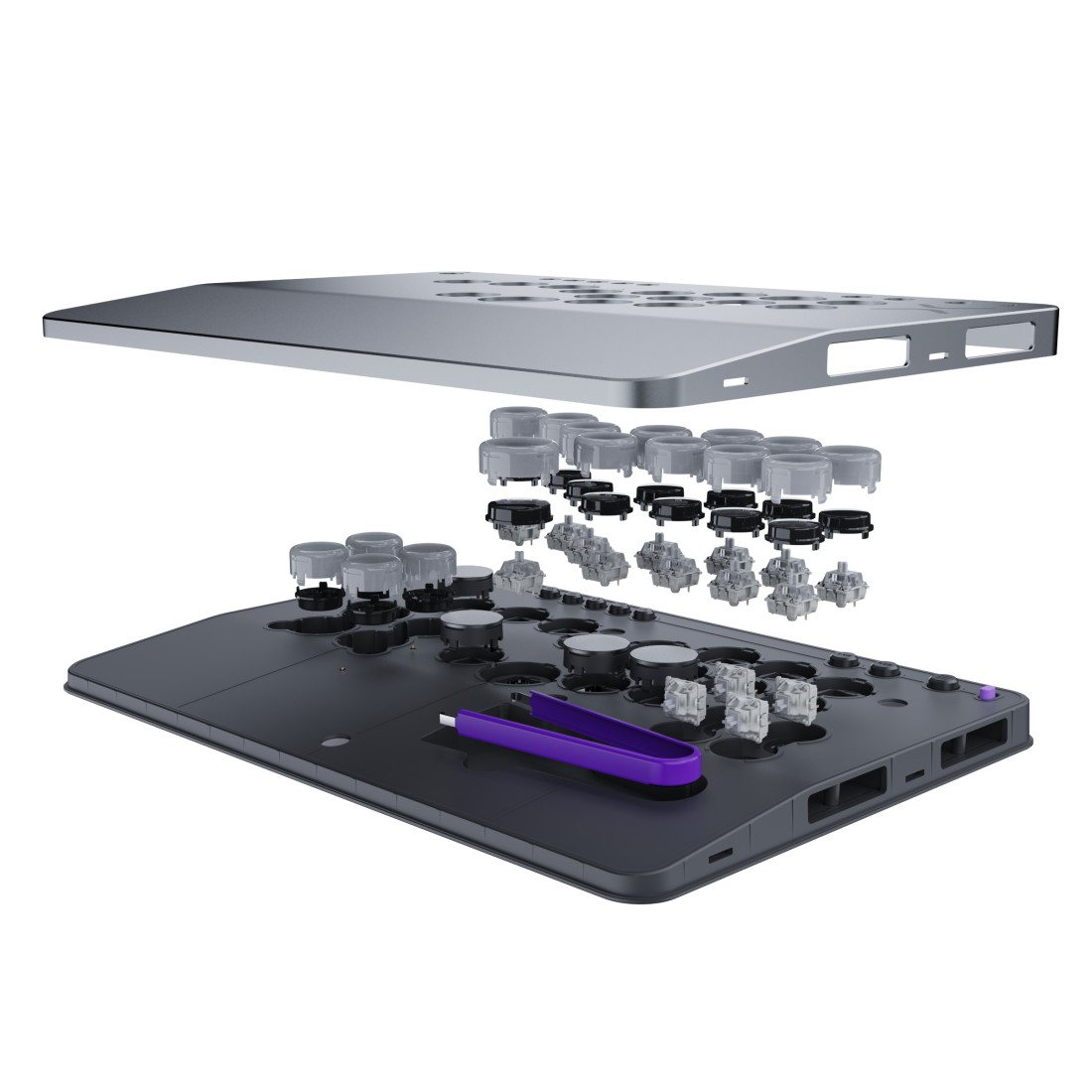Explosionsansicht einer Tastatur. Oben die metallische Abdeckung, Mitte Tasten & Schalter, unten die Basis mit einem violetten Keycap-Abzieher.