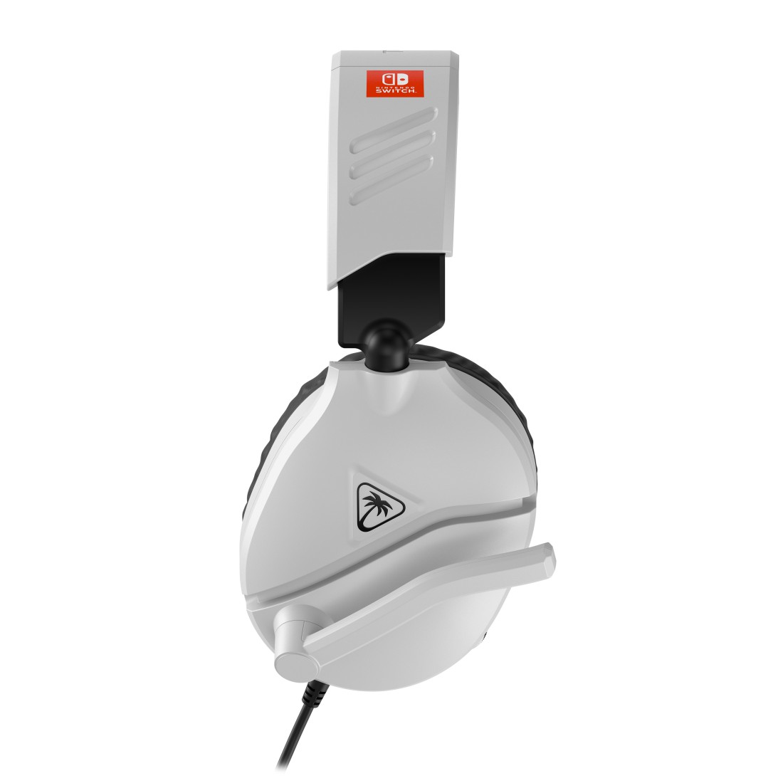 Ein weißes Gaming-Headset für Nintendo Switch mit schwarzem Mikrofon und Kabel. Das Switch-Logo ist oben sichtbar.