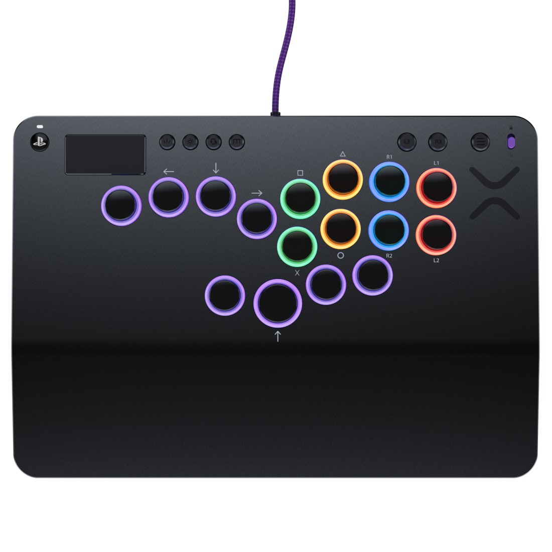 Schwarzer Gamecontroller mit bunten Knöpfen, einem lila Kabel und einem PlayStation-Logo. Knöpfe umfassen Pfeile, Formen und R1, L1, R2, L2.