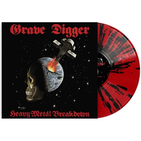 Schallplatte. Das Albumcover zeigt einen Schädel-Planeten mit einem Kreuz darauf. Rotes und schwarzes Vinyl rechts.