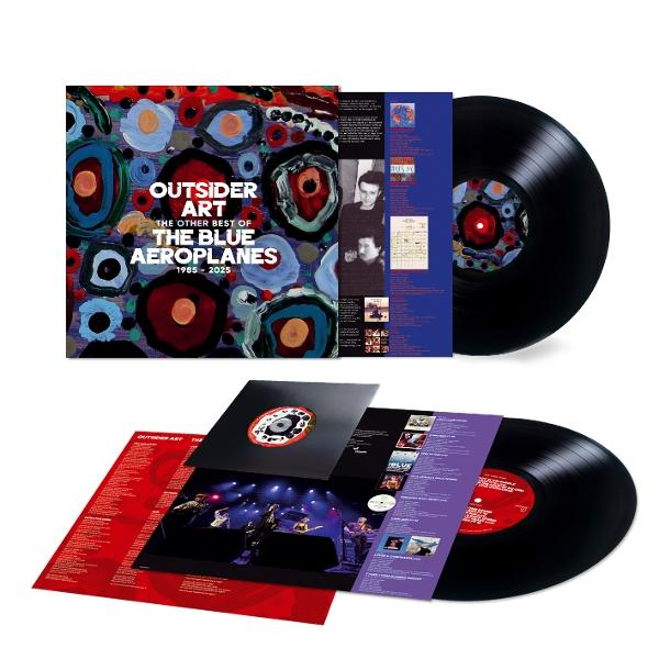 Albumcover für The Blue Aeroplanes, mit Schallplatten. Das Cover zeigt ein farbenfrohes, abstraktes Design. Die Schallplatten sind schwarz mit roten Etiketten.