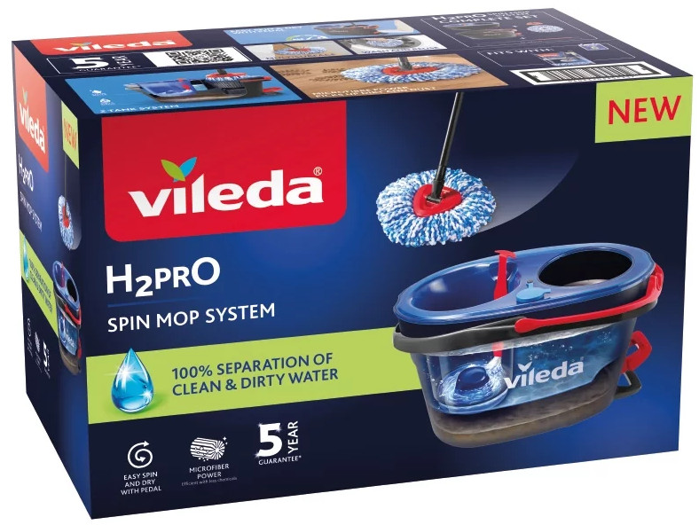 Pudełko systemu mopa obrotowego Vileda H2PRO. Pokazuje mop, wiadro i funkcje, takie jak separacja czystej wody i 5-letnia gwarancja.
