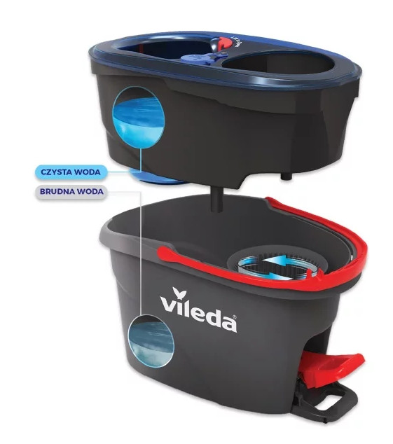 System wiadra do mopa Vileda. Górna część jest na czystą wodę, a dolna na brudną. Posiada pedał nożny.