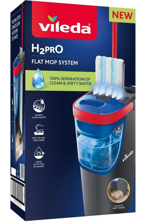 Pudełko systemu płaskiego mopa Vileda H2PRO. Pokazuje mopa z niebieskim i czerwonym wzorem. Tekst wskazuje 100% separacji czystej i brudnej wody.
