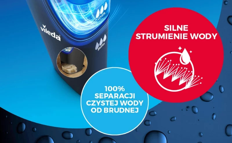 Reklama produktu Vileda. Pokazuje system czyszczenia na bazie wody z polskim tekstem opisującym jego cechy.