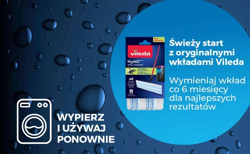 Reklama wkładów do mopa Vileda H2PRO. Zawiera ikonę pralki, szczegóły produktu i tekst o nowych początkach i wymianie.