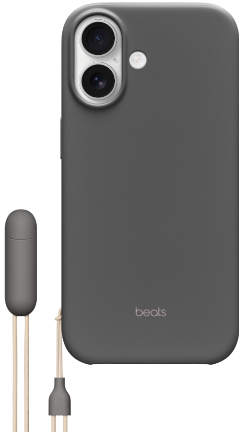 İki kamerası ve flaşı olan gri telefon kılıfı. Gri bir kulaklık ve bej bir kordon takılıdır. 'beats' markası görünür.