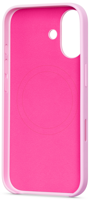 Pembe bir telefon kılıfı, içi magenta. Kılıfın kamera ve düğmeler için açıklıkları var. İçinde bir daire kabartması var.