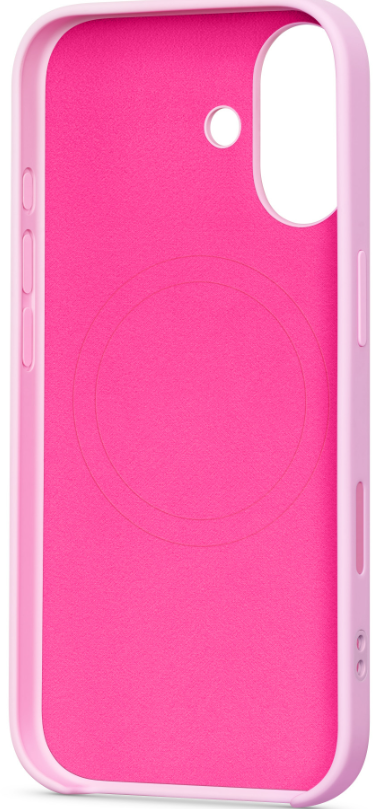 Pembe bir telefon kılıfı. İç kısmı daha koyu pembe, daha açık pembe bir çerçeveye sahip. Kamera ve düğmeler için kesikler var.